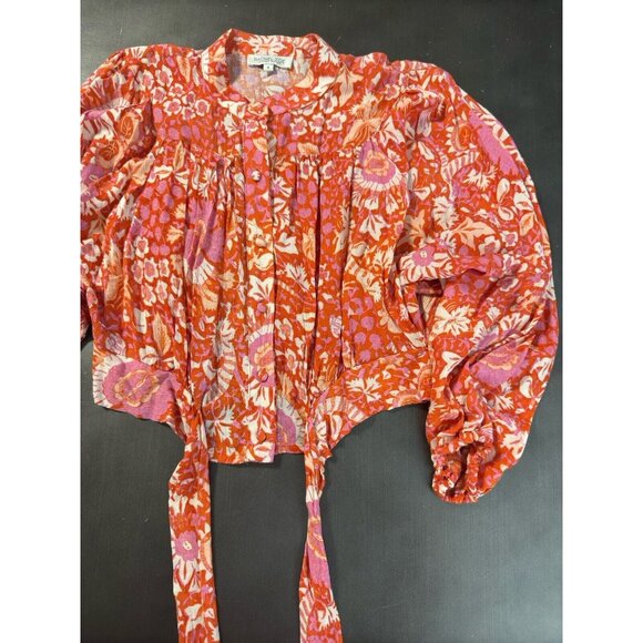 Rachel Zoe Pink Orange Floral Button Up Waist Crop Top Flounce Sleeve Blouse - Picture 4 of 10